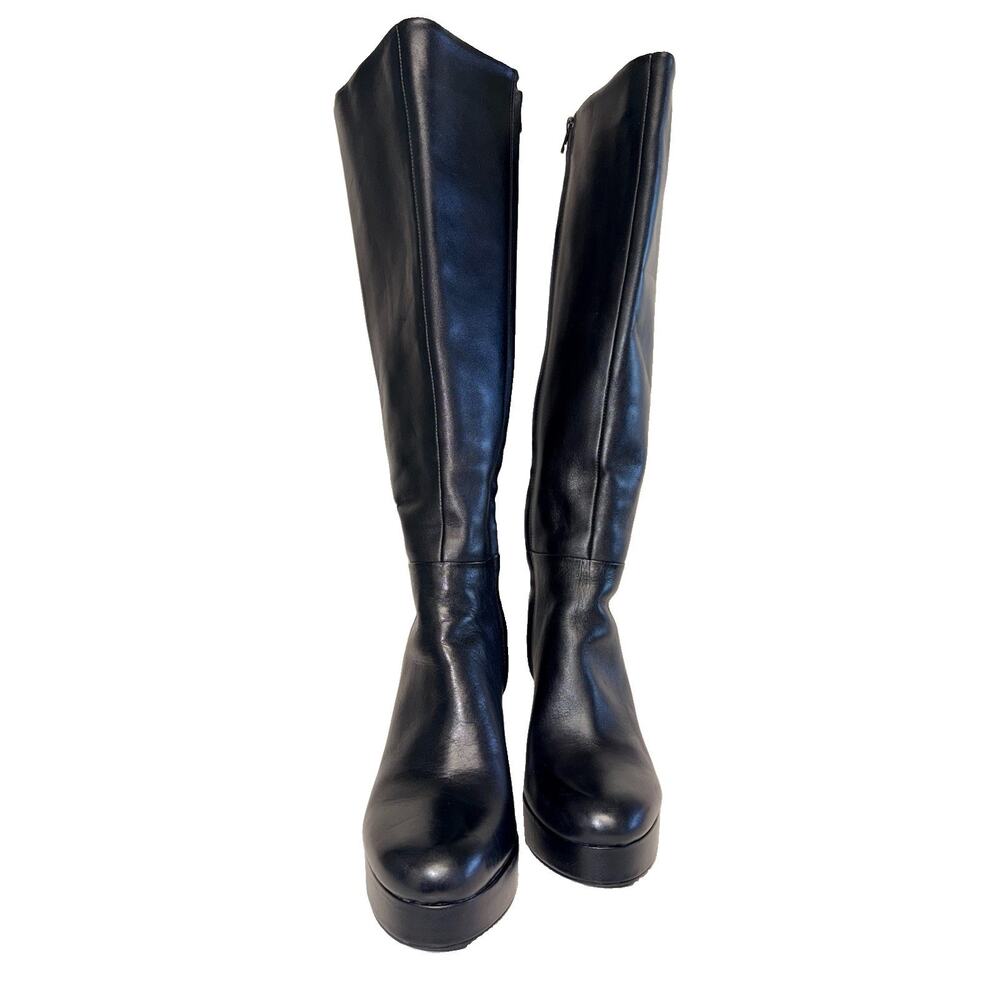ZARA Black Knee-High Platform Block Heel Go-Go Boots Zip Leather EU 42 US 11 - Picture 3 of 8